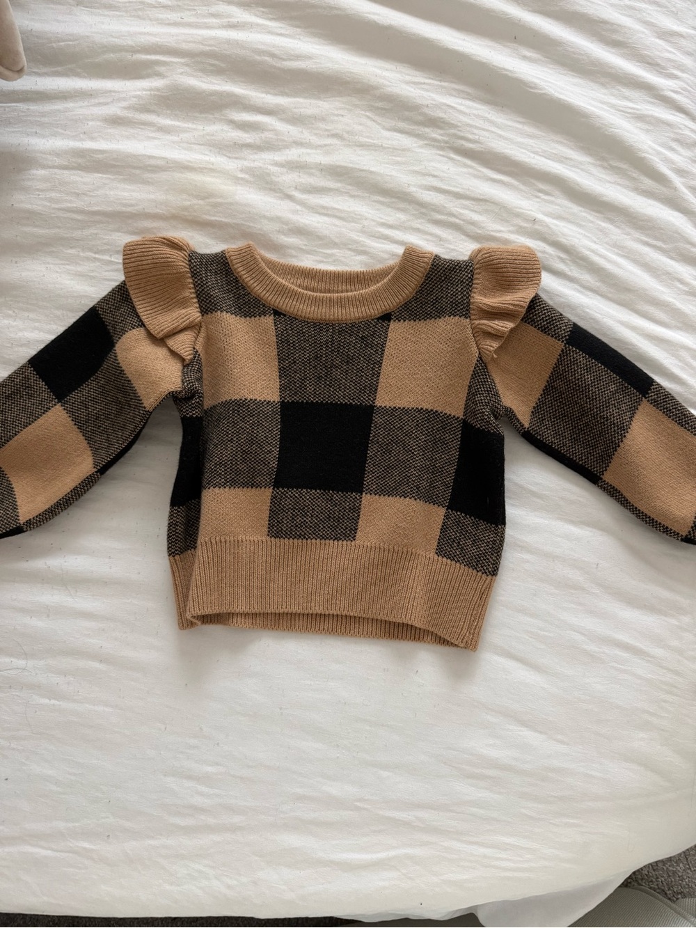 Janie and Jack Tan and Black Buffalo Check Ruffle Shoulder Sweater